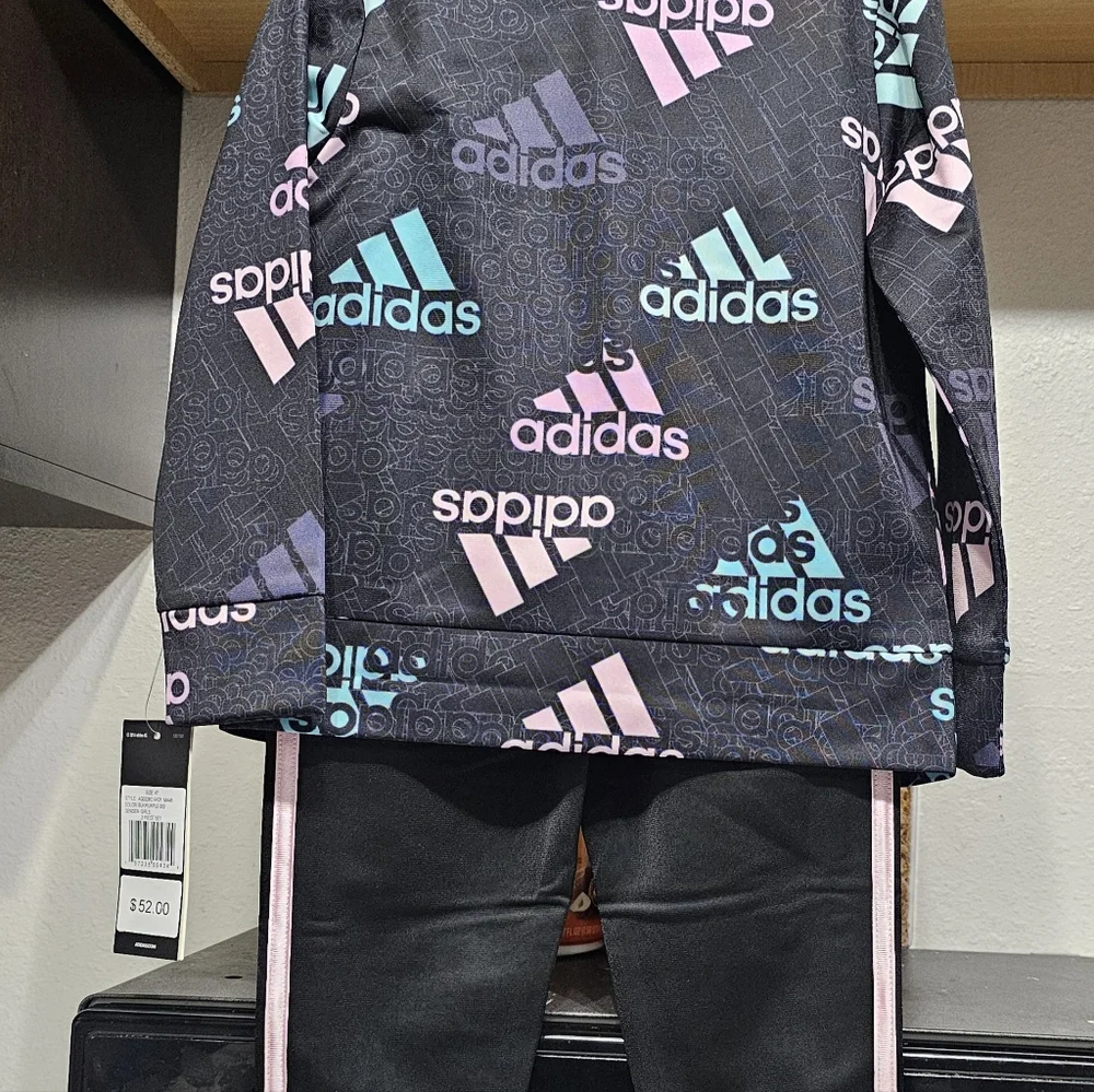 New Adidas Kids' Black Tracksuit with Pink and Blue Accents toddler girls 4T